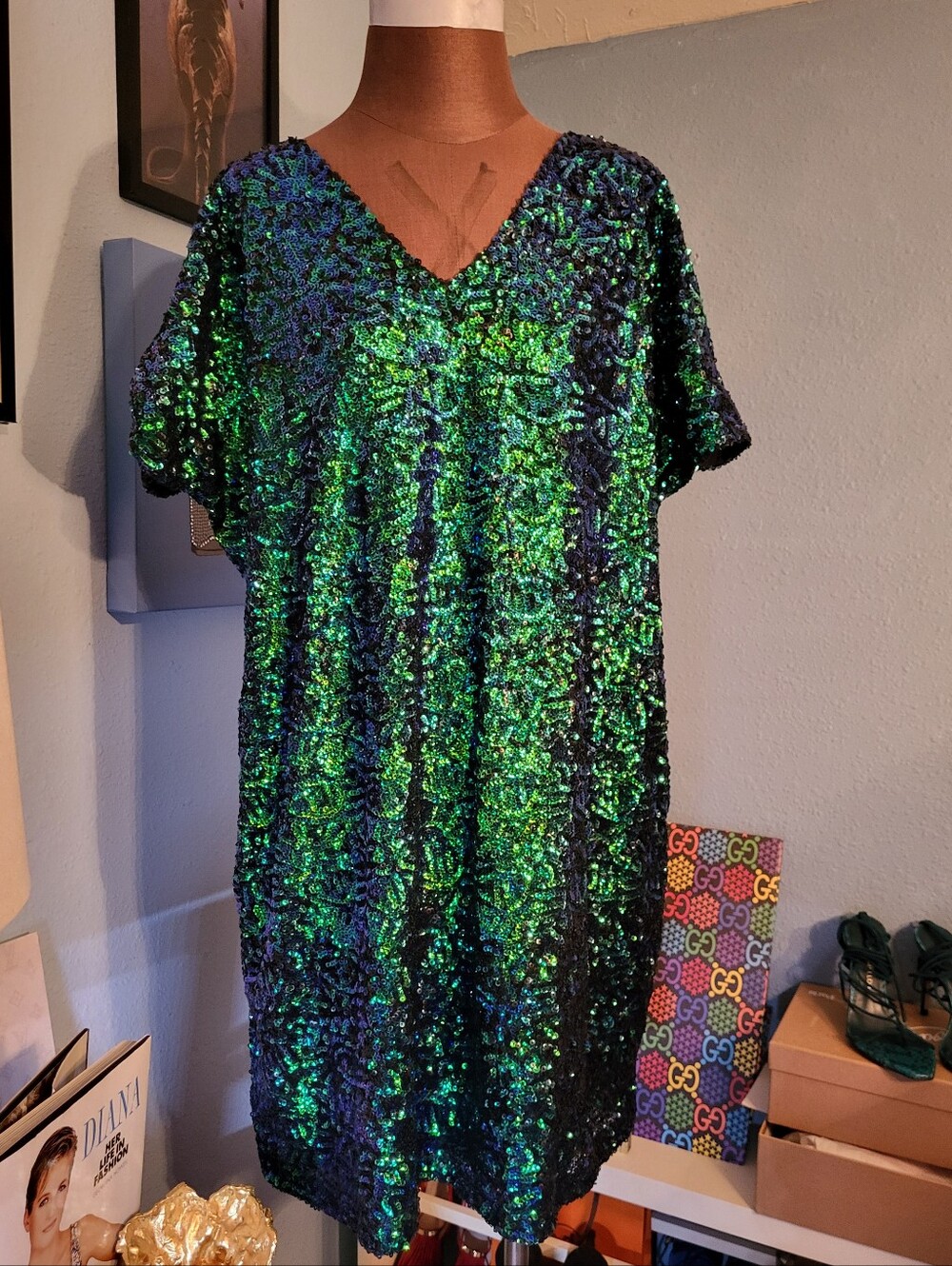 Fringe + Co. Sequin Swirls Short Sleeve V-Neck Dress